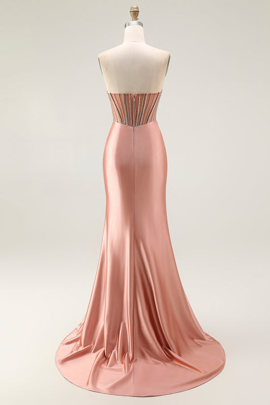Sparkly Blush Mermaid Strapless Ruched Long Prom Dress with Slit