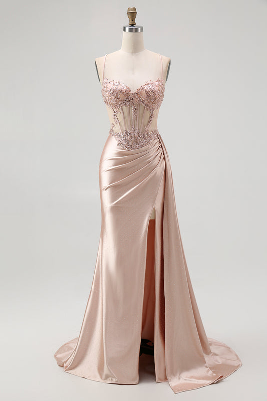 Sparkly Champagne Spaghetti Straps Mermaid Satin Long Prom Dress with Beading