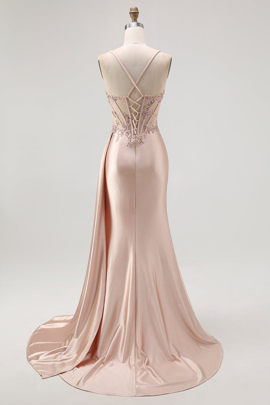 Sparkly Champagne Spaghetti Straps Mermaid Satin Long Prom Dress with Beading