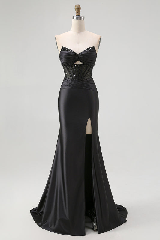 Sparkly Black Sweetheart Mermaid Satin Long Corset Prom Dress with Beading