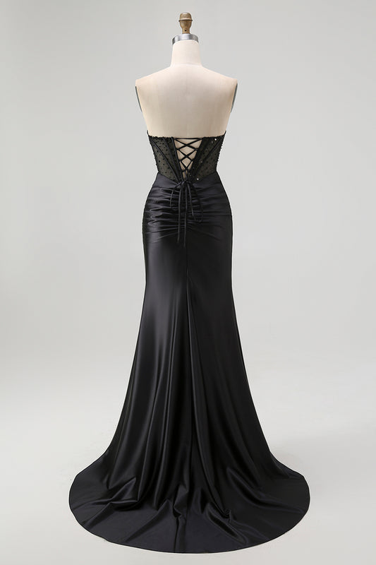 Sparkly Black Sweetheart Mermaid Satin Long Corset Prom Dress with Beading