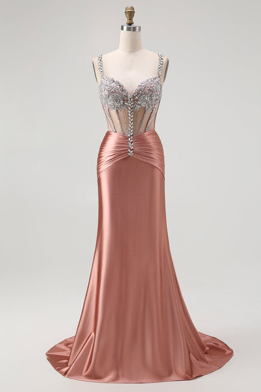 Sparkly Blush Spaghetti Straps Mermaid Satin Long Corset Prom Dress with Beading