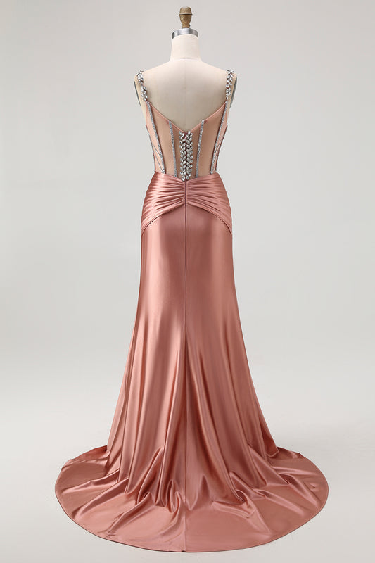Sparkly Blush Spaghetti Straps Mermaid Satin Long Corset Prom Dress with Beading