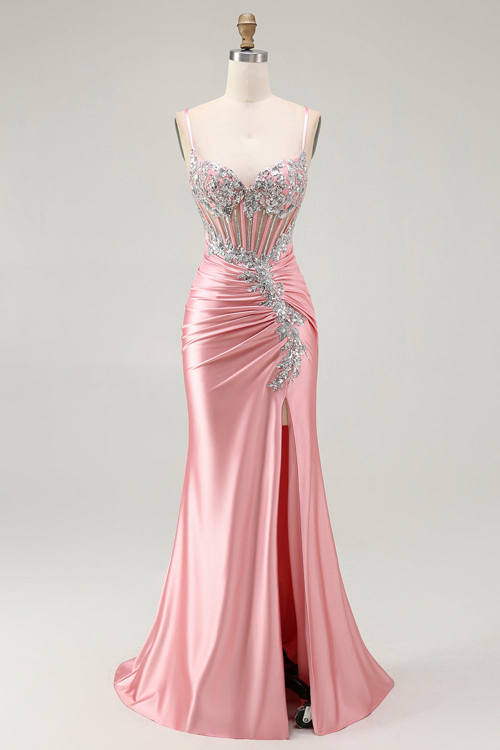 Zapakasa Women Sparkly Blush Corset Ruched Long Prom Dress with Slit Mermaid Spaghetti Straps Satin Lace Up Back Formal Dress with Beading Zapakasa Women Sparkly Blush Corset Ruched Long Prom Dress with Slit Mermaid Spaghetti Straps Satin Lace Up Back Formal Dress with Beading