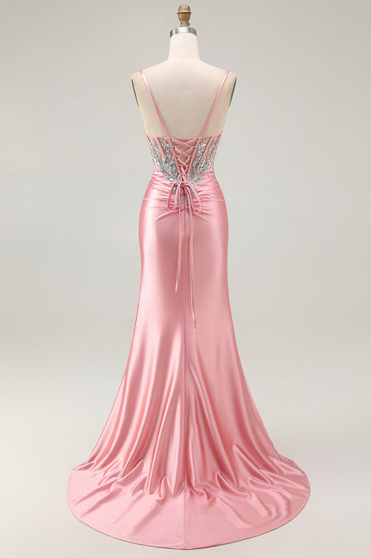 Sparkly Blush Corset Mermaid Ruched Long Prom Dress with Slit