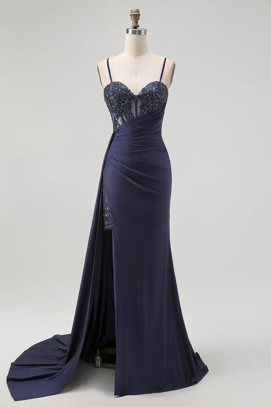 Sparkly Navy Spaghetti Straps Mermaid Long Corset Prom Dress with Beading