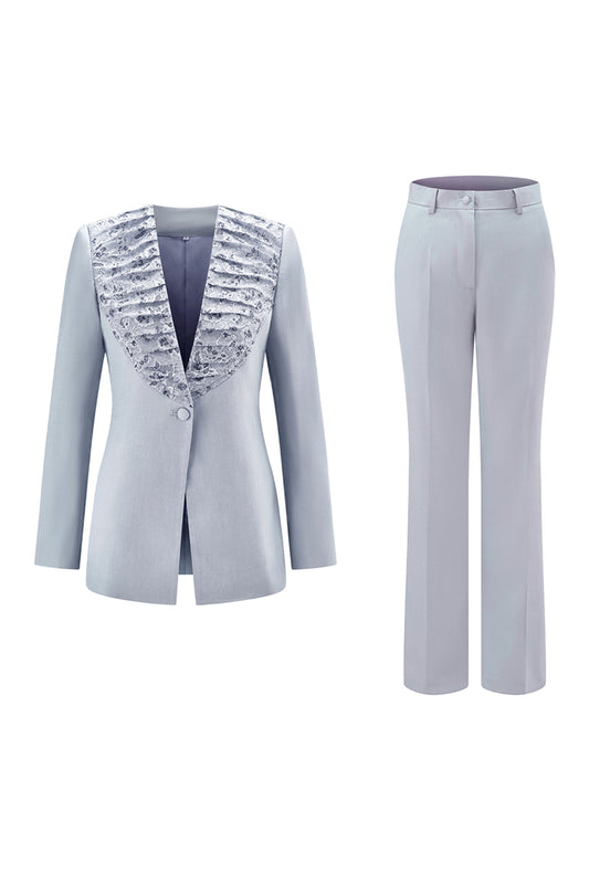 Grey Blue 2 Piece Shawl Lapel Women Prom Suits with Lace