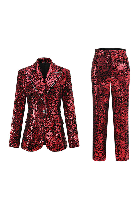Sparkly Red Leopard Sequin Peak Lapel 2 Piece Women Prom Suits