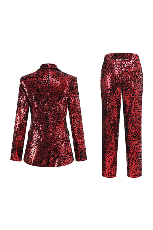 Sparkly Red Leopard Sequin Peak Lapel 2 Piece Women Prom Suits