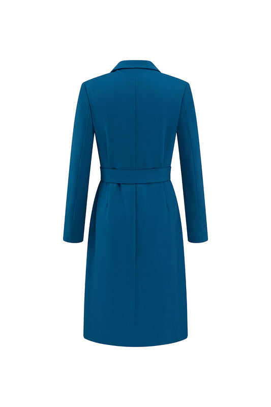 Dark Blue Single Breasted Peak Lapel Midi Blazer Dress with Belt