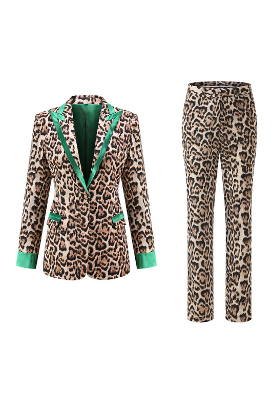 Coffee Leopard Peak Lapel 2 Piece Women Prom Suits