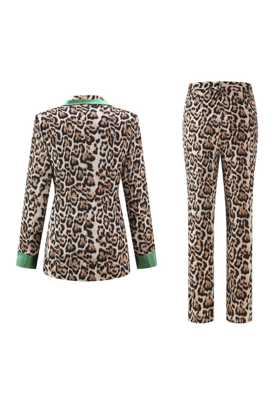 Coffee Leopard Peak Lapel 2 Piece Women Prom Suits