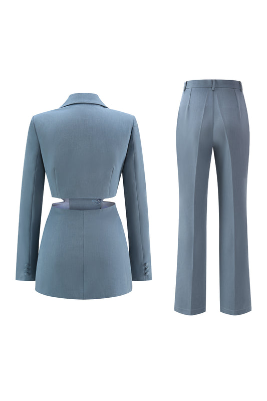 Grey Blue 2 Piece Cut Out Notched Lapel Women Prom Suits