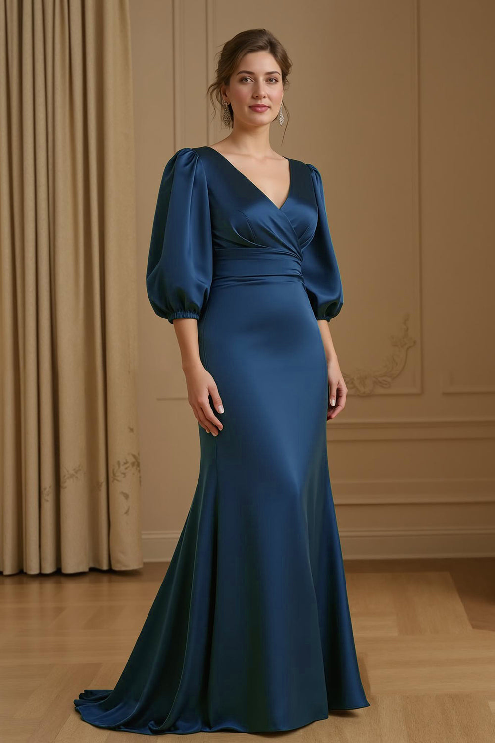 Zapakasa Women Navy Satin Long Wedding Guest Dress with Sleeves Mermaid V-Neck Ruched Mother of the Bride Dress Zapakasa Women Navy Satin Long Wedding Guest Dress with Sleeves Mermaid V-Neck Ruched Mother of the Bride Dress