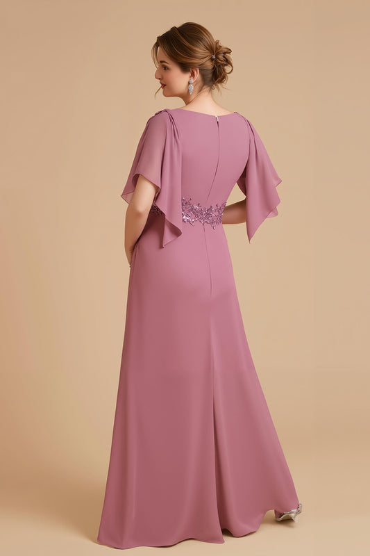 Dusty Rose Chiffon Sheath Long Wedding Guest Dress with Ruffles