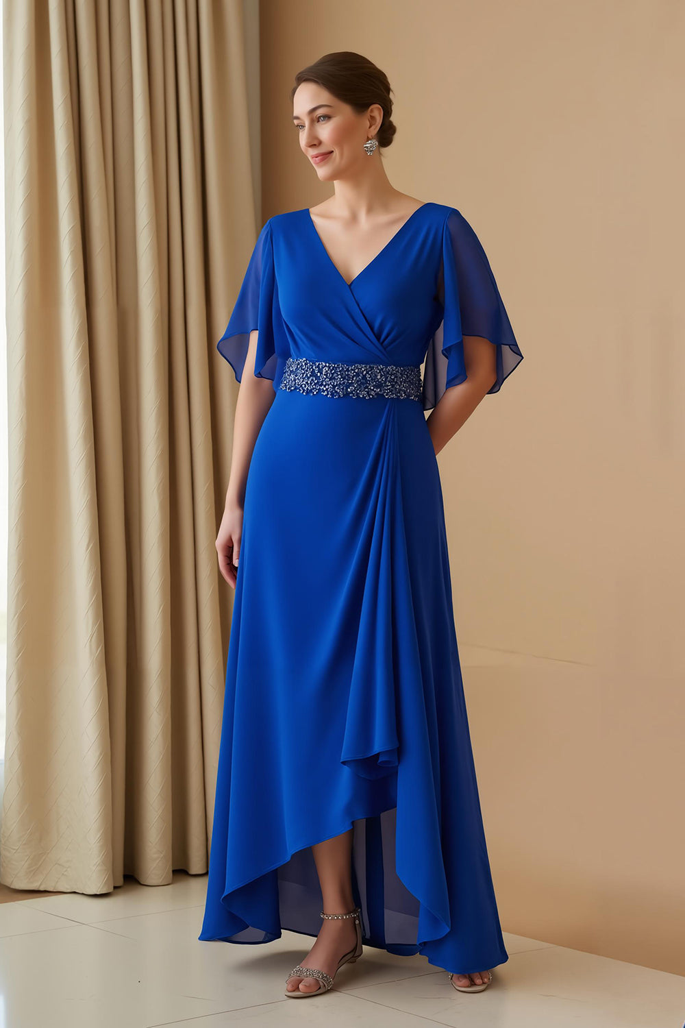 Zapakasa Women Royal Blue Sheath Long Wedding Guest Dress with Beading
