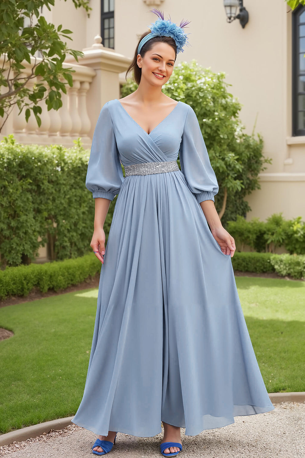 Zapakasa Women Dusty Blue Chiffon Long Wedding Guest Dress with Beading A Line V-Neck Ruched Mother of the Bride Dress with Sleeves Zapakasa Women Dusty Blue Chiffon Long Wedding Guest Dress with Beading A Line V-Neck Ruched Mother of the Bride Dress with Sleeves