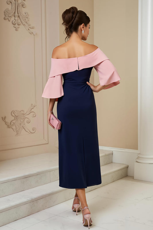Navy Sheath Satin Off The Shoulder Midi Wedding Guest Dress with Slit