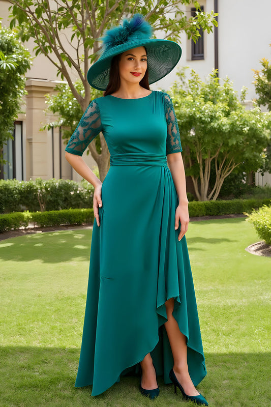 Pine Sheath Chiffon Boat Neck Long Wedding Guest Dress with Sleeves