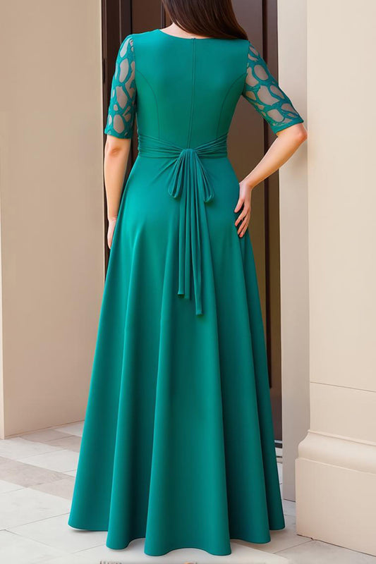 Pine Sheath Chiffon Boat Neck Long Wedding Guest Dress with Sleeves