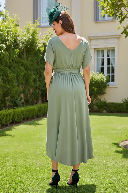 Eucalyptus Sheath Boat Neck Long Wedding Guest Dress with Sleeves