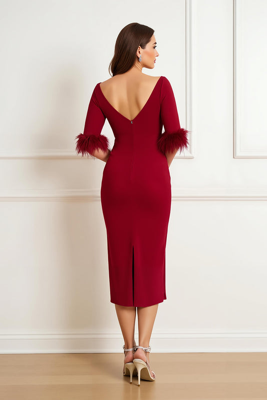 Dark Red Satin Sheath Boat Neck Midi Wedding Guest Dress with Feathers