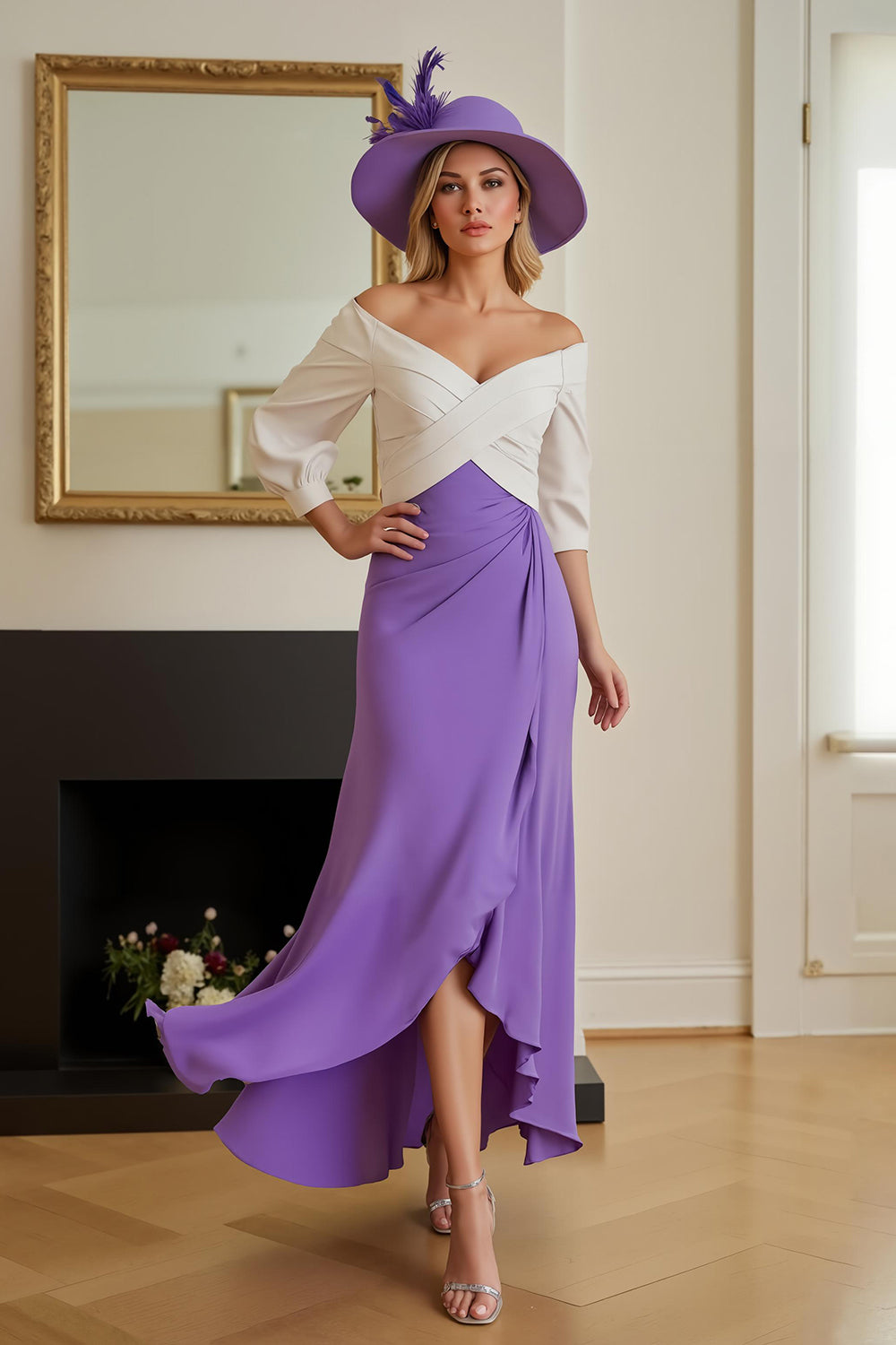 Zapakasa Women Purple Chiffon Long Wedding Guest Dress with Sleeves