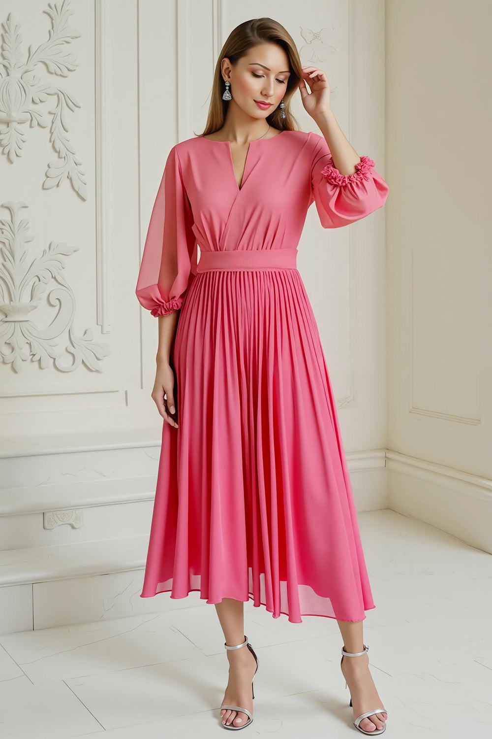 Zapakasa Women Hot Pink A Line Long Wedding Guest Dress with Sleeves Chiffon Pleated Boat Neck Mother of the Bride Dress Zapakasa Women Hot Pink A Line Long Wedding Guest Dress with Sleeves Chiffon Pleated Boat Neck Mother of the Bride Dress