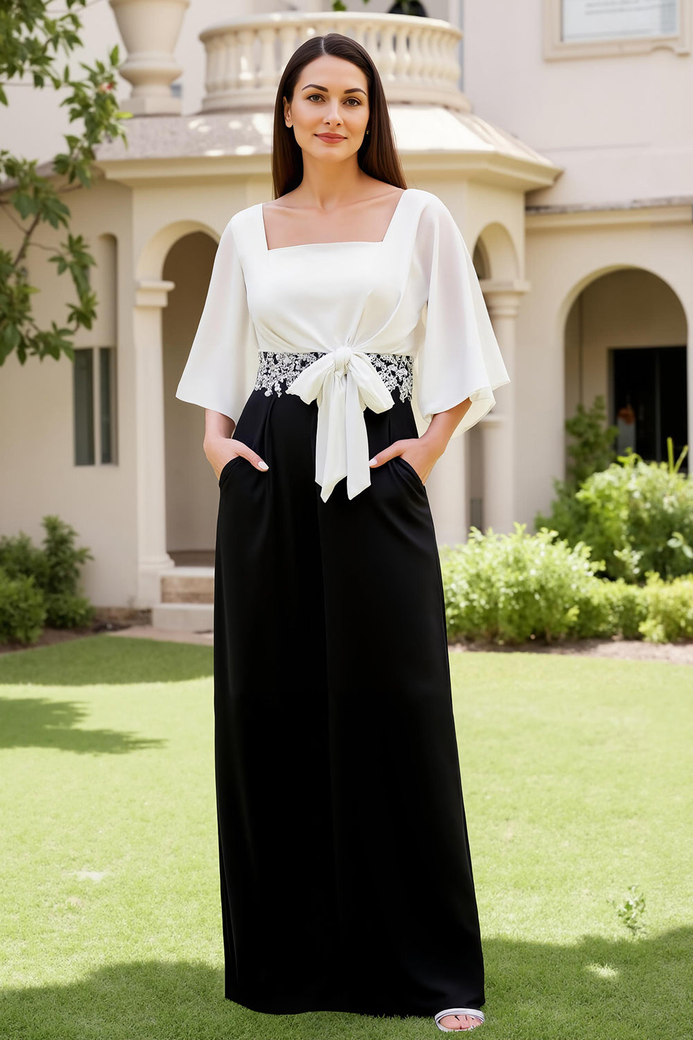 Zapakasa Women Black and White Sheath Long Wedding Guest Dress with Bow