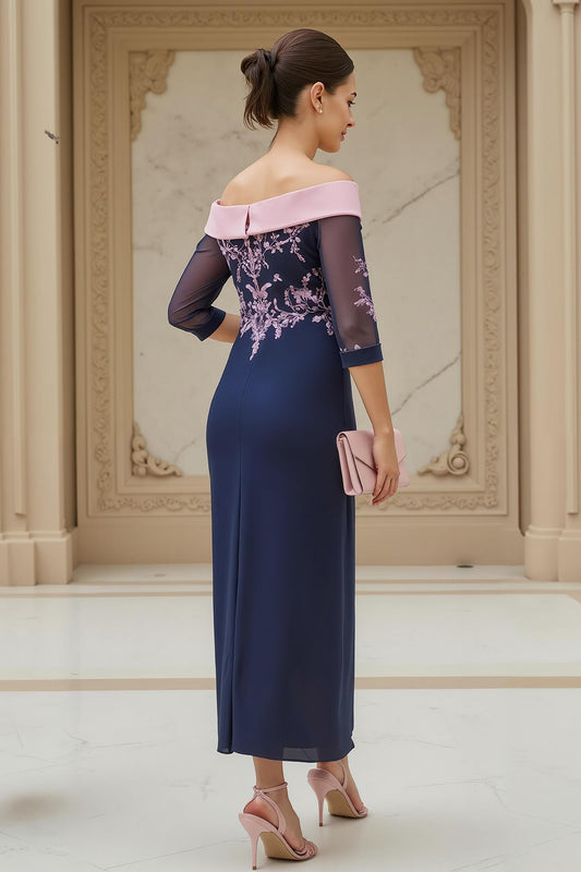 Navy Sheath Chiffon Appliqued Long Wedding Guest Dress with Sleeves