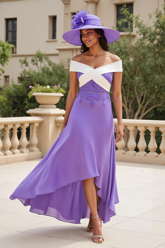 Purple Chiffon A Line Off The Shoulder Long Wedding Guest Dress with Appliques