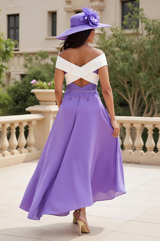 Purple Chiffon A Line Off The Shoulder Long Wedding Guest Dress with Appliques