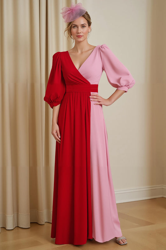 Red Chiffon A Line V-Neck Long Wedding Guest Dress with Sleeves