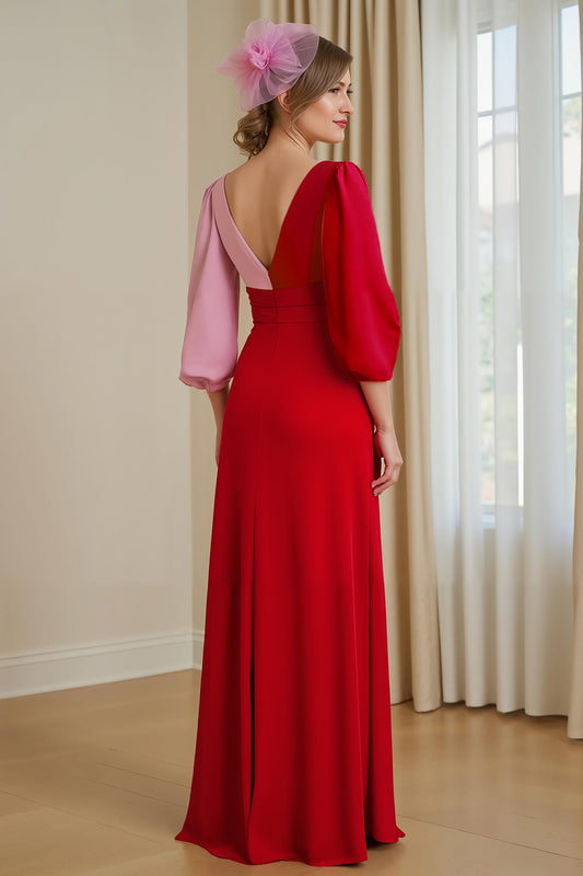 Red Chiffon A Line V-Neck Long Wedding Guest Dress with Sleeves