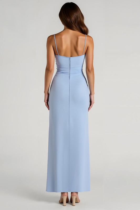 Light Blue Chiffon Sheath Ruched Long Bridesmaid Dress with Slit