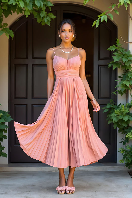 Sunset A Line Chiffon Pleated Spaghetti Straps Long Bridesmaid Dress
