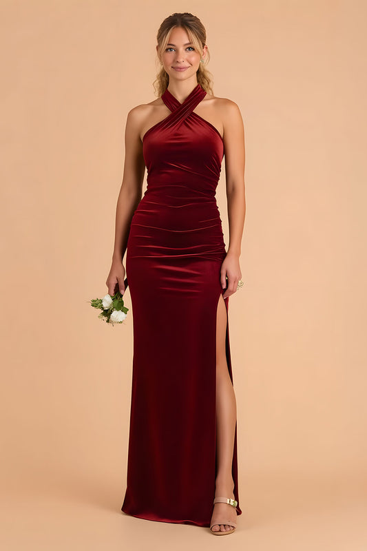 Burgundy Sheath Velvet Ruched Halter Long Bridesmaid Dress with Slit