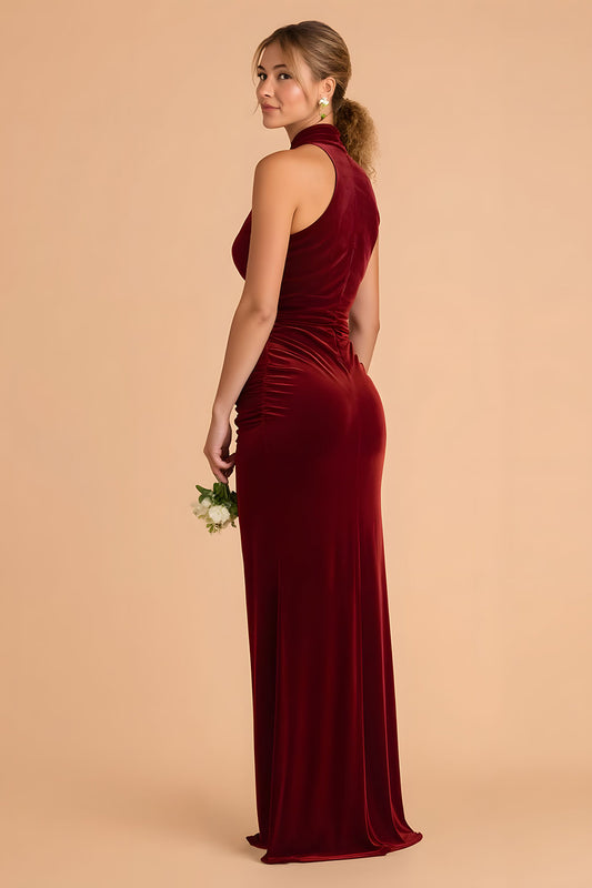 Burgundy Sheath Velvet Ruched Halter Long Bridesmaid Dress with Slit