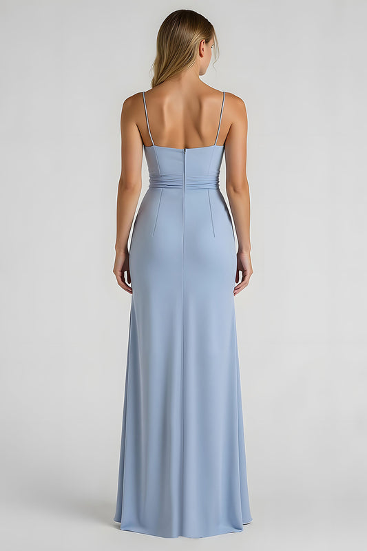 Light Blue Chiffon Ruched Sheath Long Bridesmaid Dress with Slit