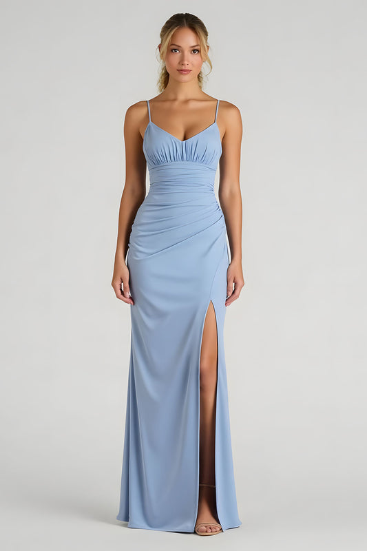 Light Blue Chiffon Ruched Sheath Long Bridesmaid Dress with Slit