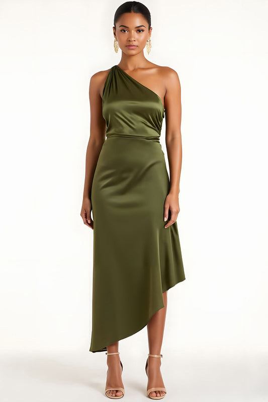 Olive Sheath Satin One Shoulder Ruched Asymmetrical Bridesmaid Dress