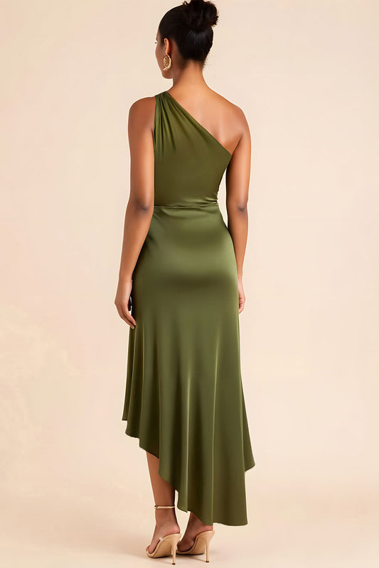 Olive Sheath Satin One Shoulder Ruched Asymmetrical Bridesmaid Dress