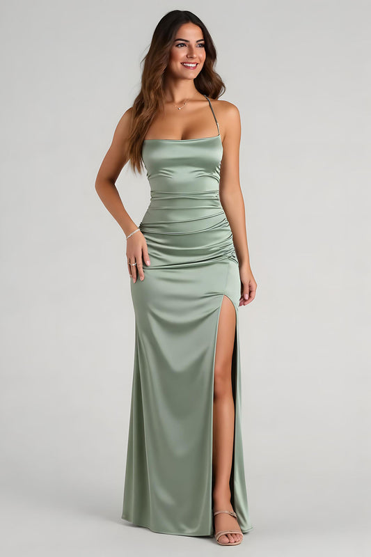 Eucalyptus Satin Sheath Long Bridesmaid Dress with Slit
