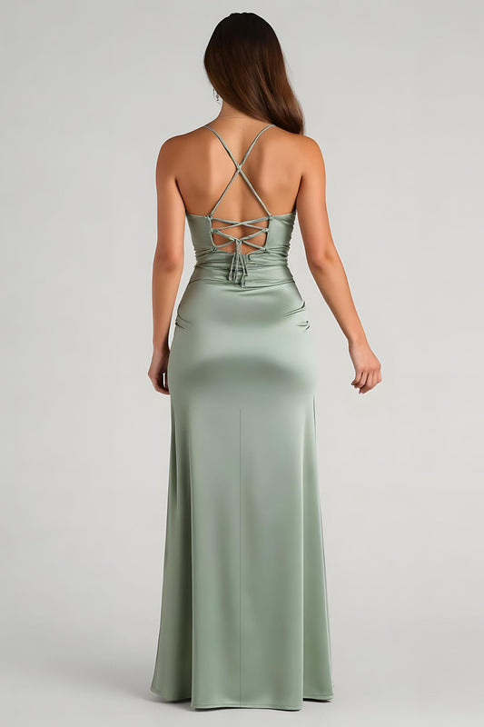 Eucalyptus Satin Sheath Long Bridesmaid Dress with Slit