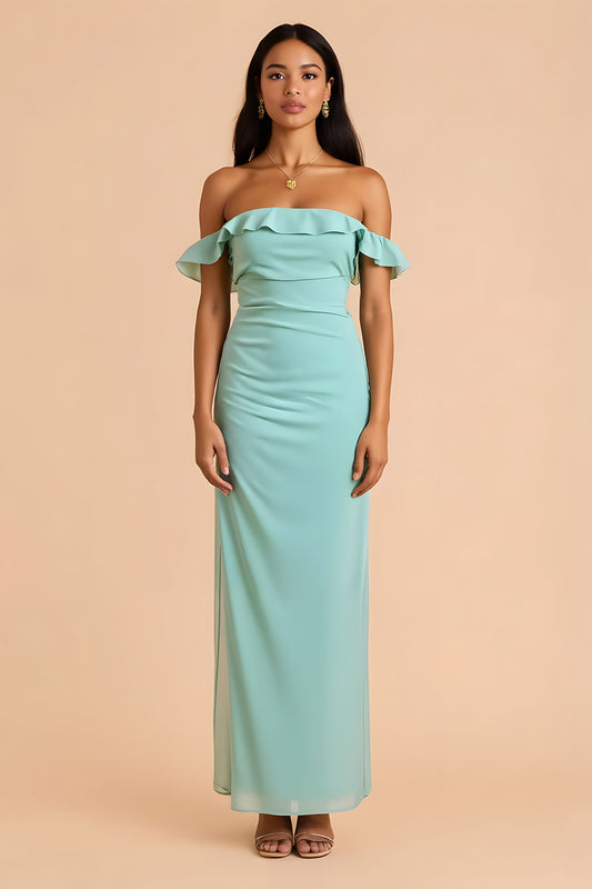Mint Green Chiffon Off The Shoulder Sheath Long Bridesmaid Dress