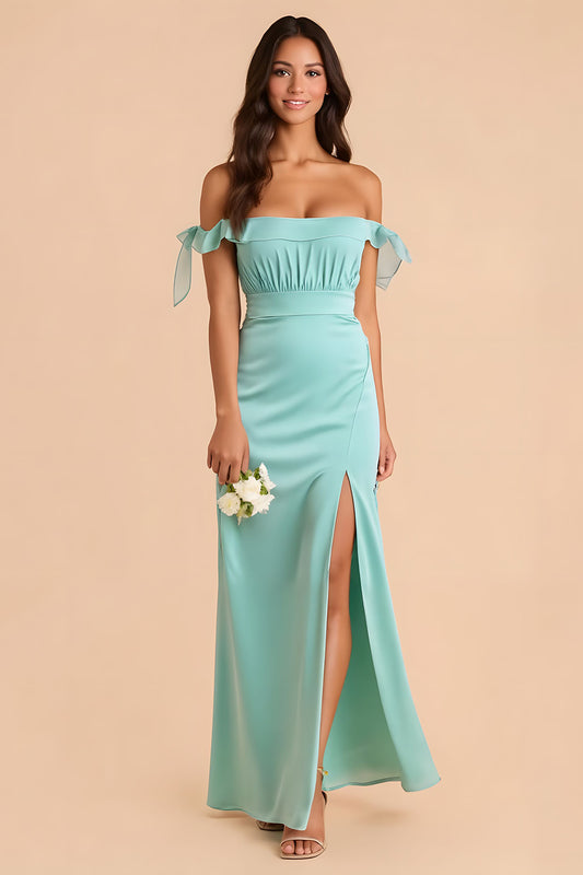 Mint Green Chiffon Off The Shoulder Sheath Long Bridesmaid Dress with Slit