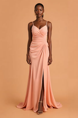 Sunset Chiffon Spaghetti Straps Mermaid Long Bridesmaid Dress with Slit