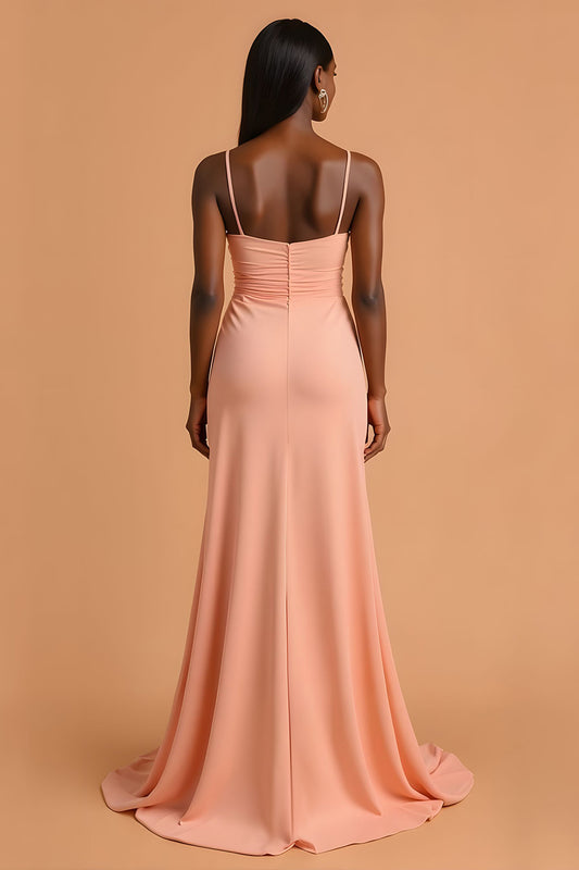 Sunset Chiffon Spaghetti Straps Mermaid Long Bridesmaid Dress with Slit