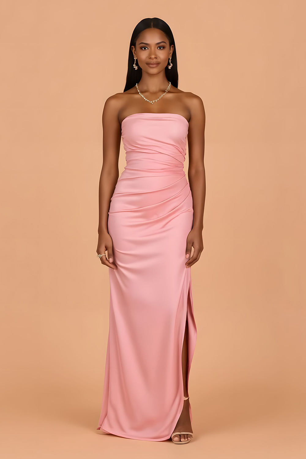Zapakasa Women Blush Chiffon Sheath Long Bridesmaid Dress with Slit Strapless Ruched Wedding Guest Dress Zapakasa Women Blush Chiffon Sheath Long Bridesmaid Dress with Slit Strapless Ruched Wedding Guest Dress