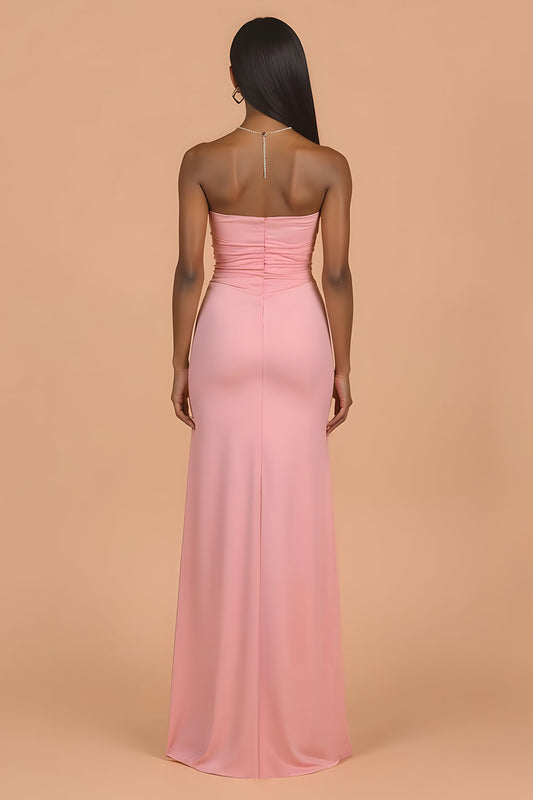 Blush Chiffon Strapless Sheath Long Bridesmaid Dress with Slit